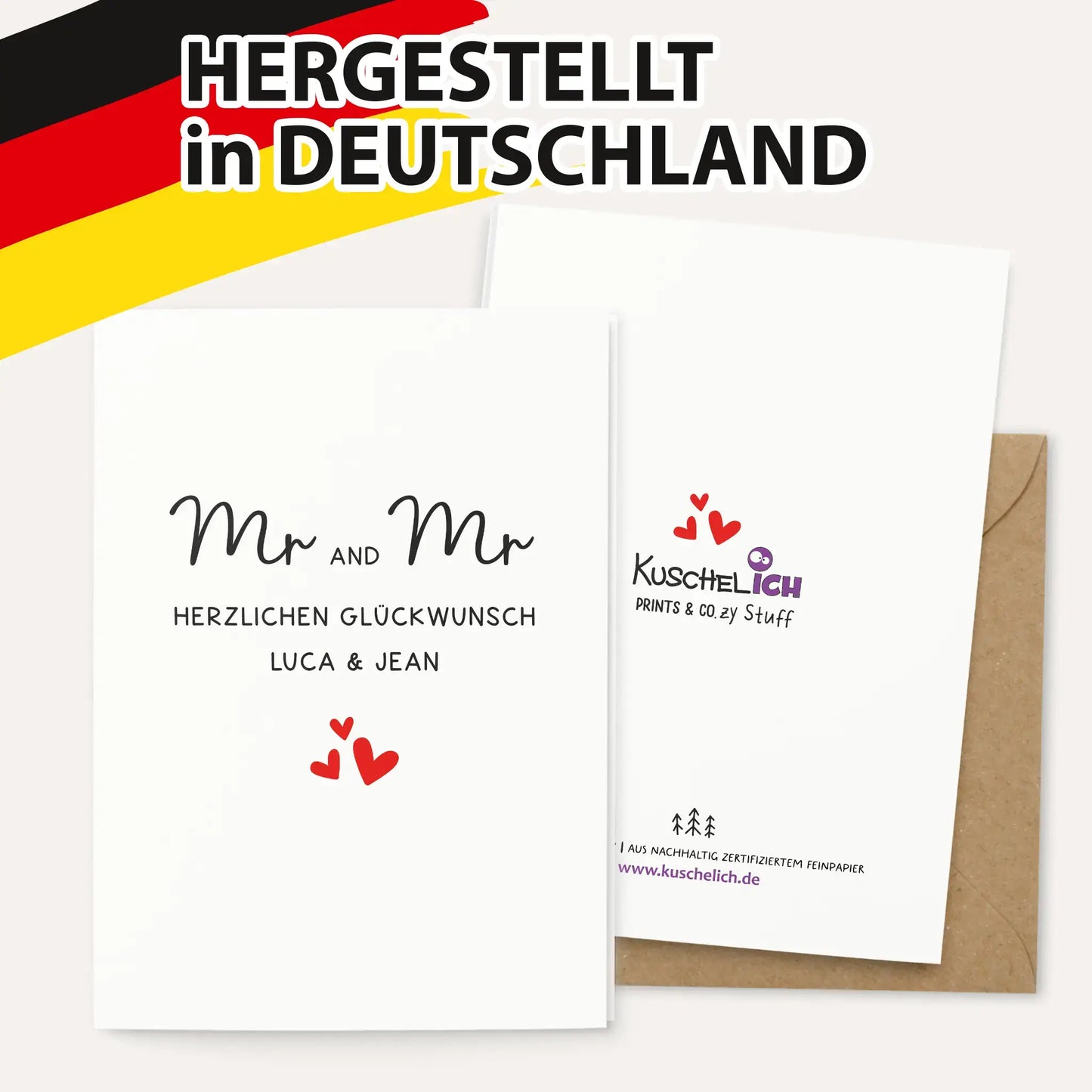 Rückseite der Mr and Mr Karte – hergestellt in Deutschland