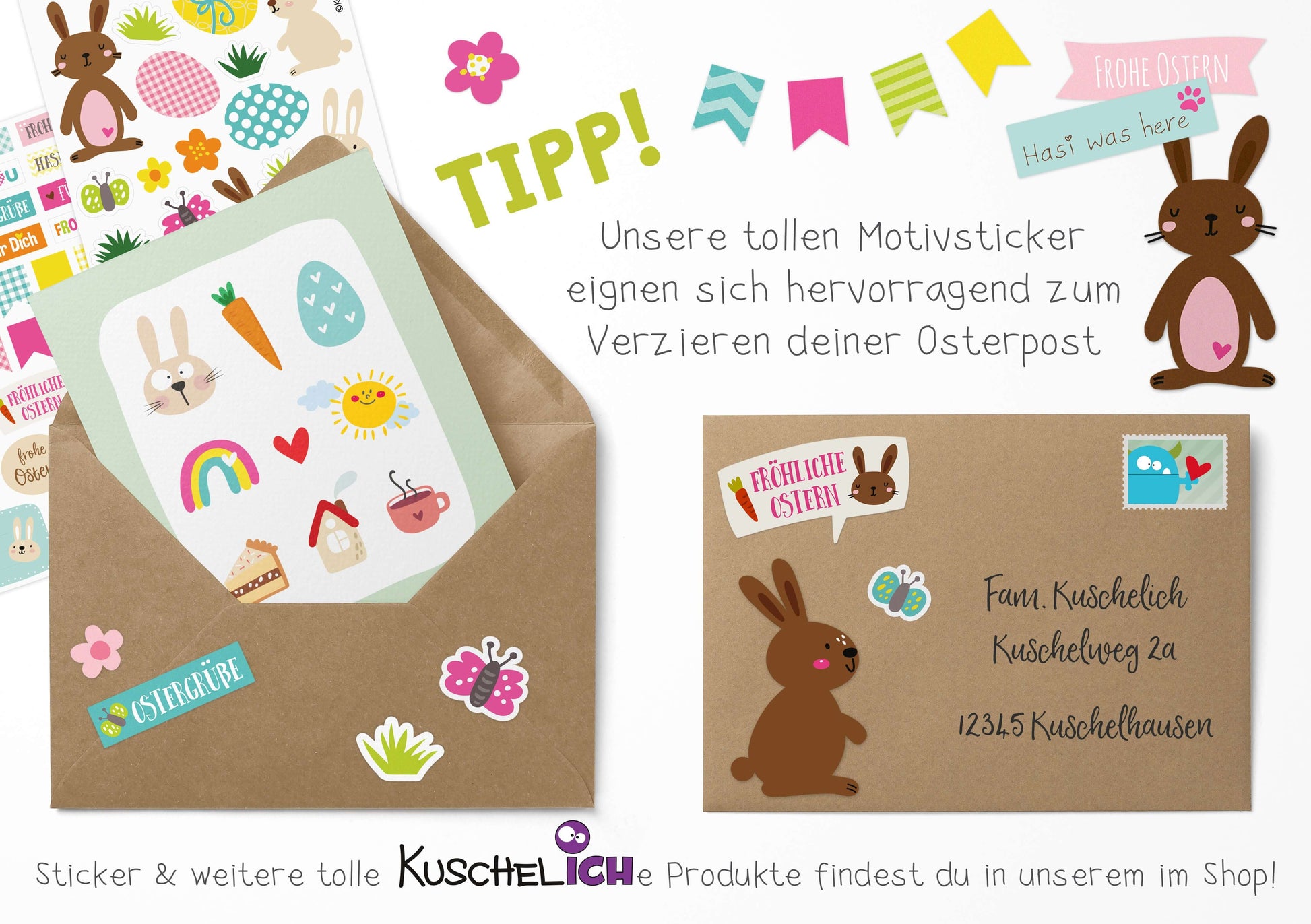 Postkarte Hasen mit Möhre Osterkarte Hinweis Osteraufkleber zum Verzieren