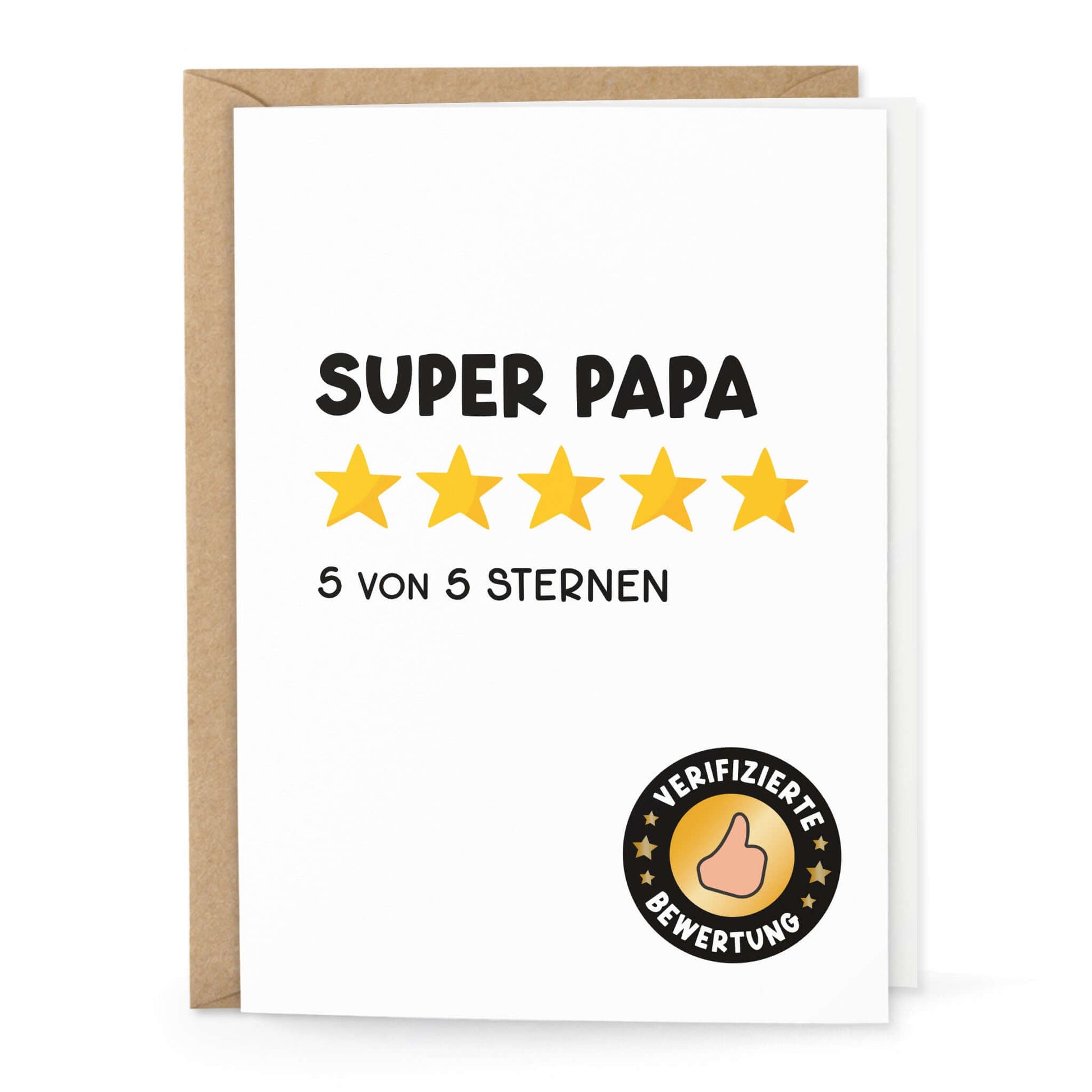 Klappkarte "Super Papa - 5 von 5 Sternen - Verifizierte Bewertung" - Frontansicht