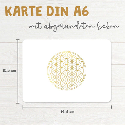 Karte DIN A6 mit goldener Blume des Lebens, spirituell und harmonisch, abgerundete Ecken auf hochwertigem Papier.