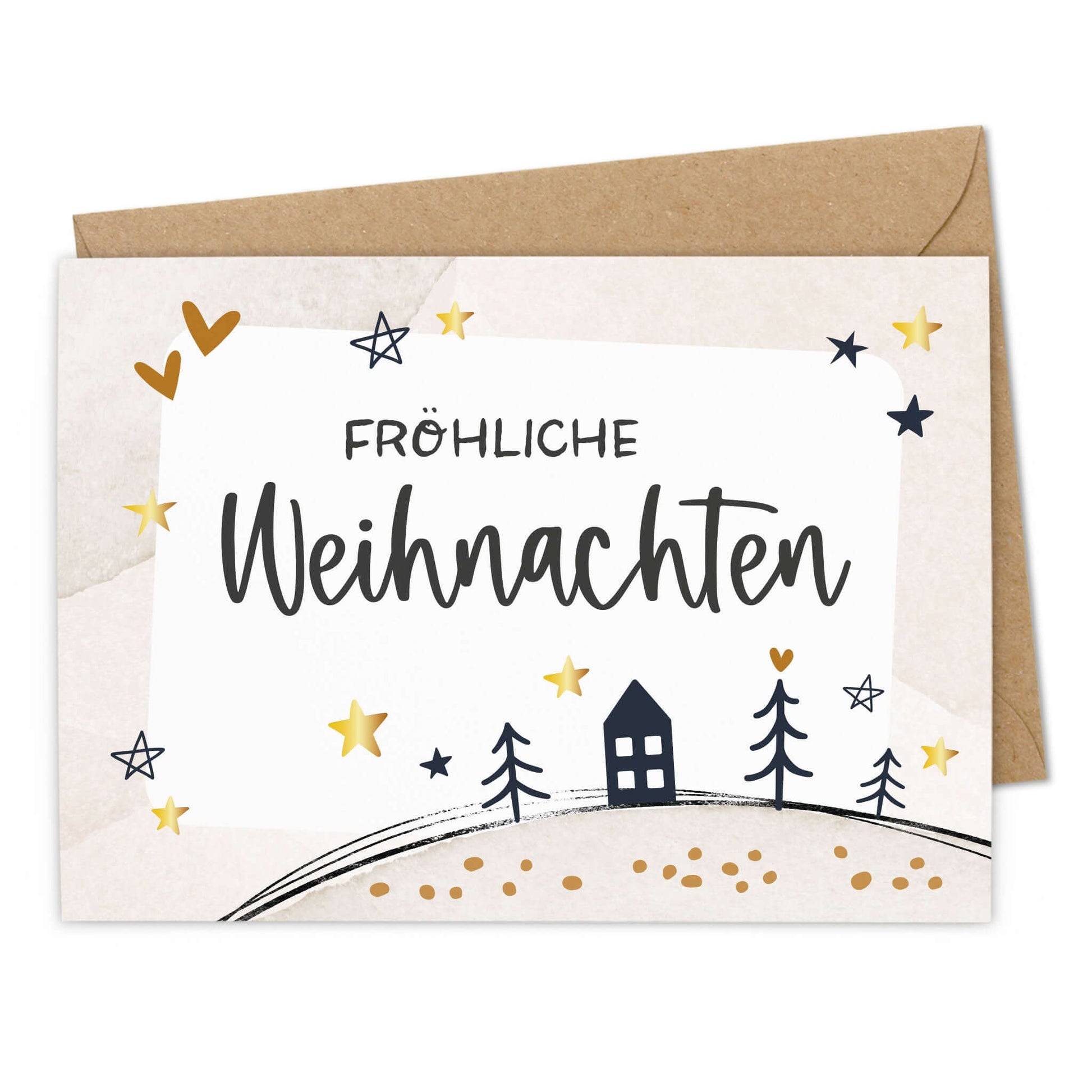 Grußkarte "Fröhliche Weihnachten" mit goldenen Sternen und stilisierter Waldszene auf hochwertigem Feinpapier.