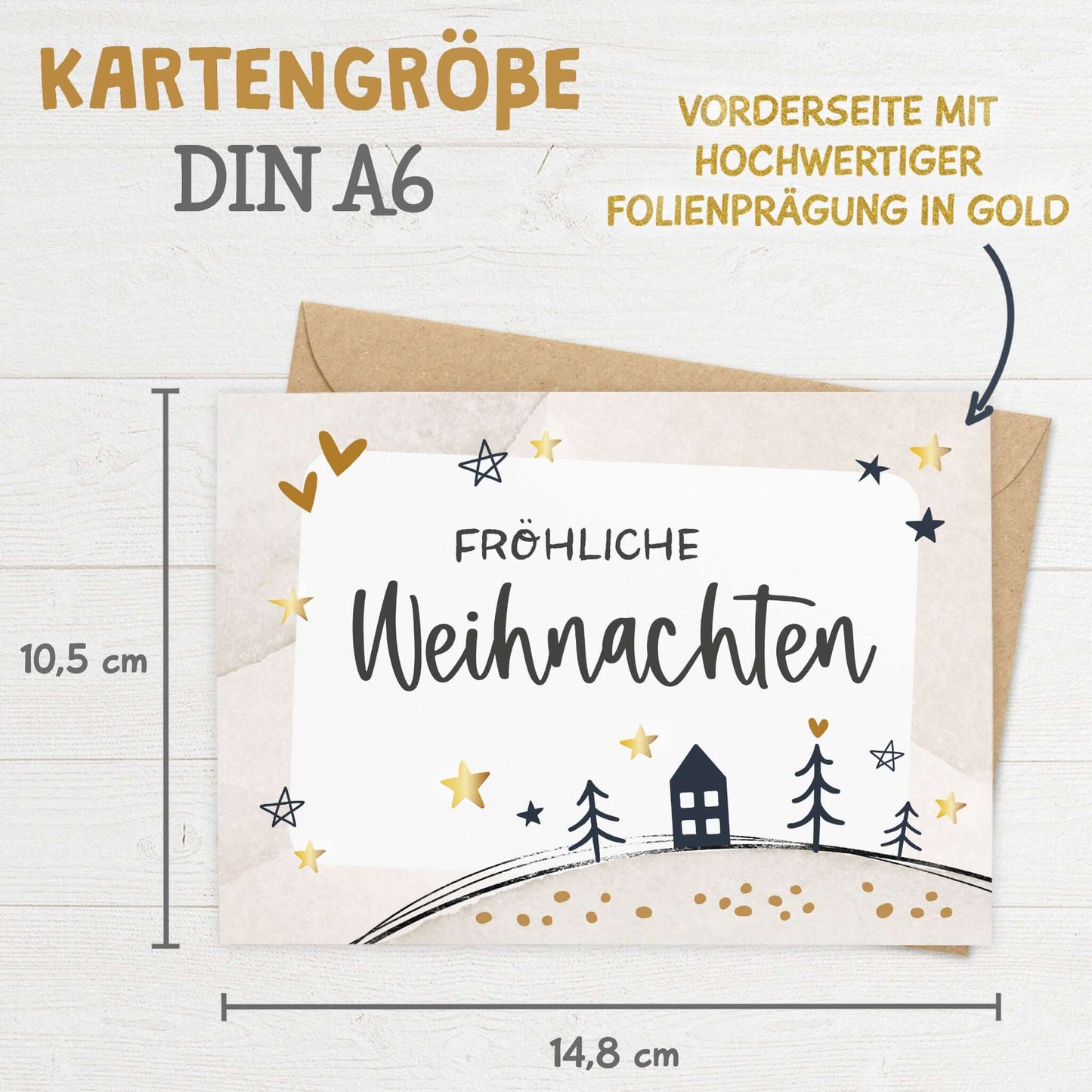 Fröhliche Weihnachten Grußkarte DIN A6 mit goldenen Sternen und stilisiertem Wald, hochwertiges Feinpapier, inkl. Umschlag.