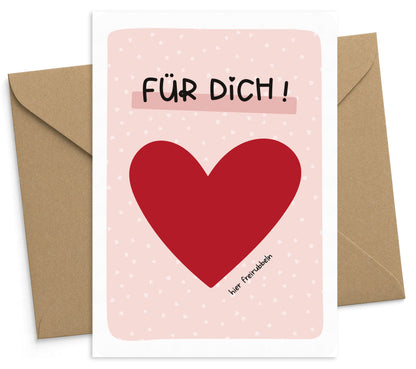 Rubbelkarte "Für Dich!" mit Umschlag und Rubbel Etikett Herz rot