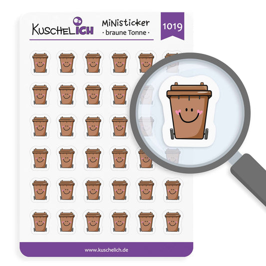 Bogen mit Ministickern der braunen Mülltonne mit Gesicht
