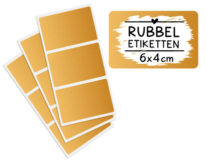 Selbstklebendes Rubbeletikett zum Aufkleben rechteckiges Format 6 mal 4 Zentimeter mit goldener Rubbelschicht