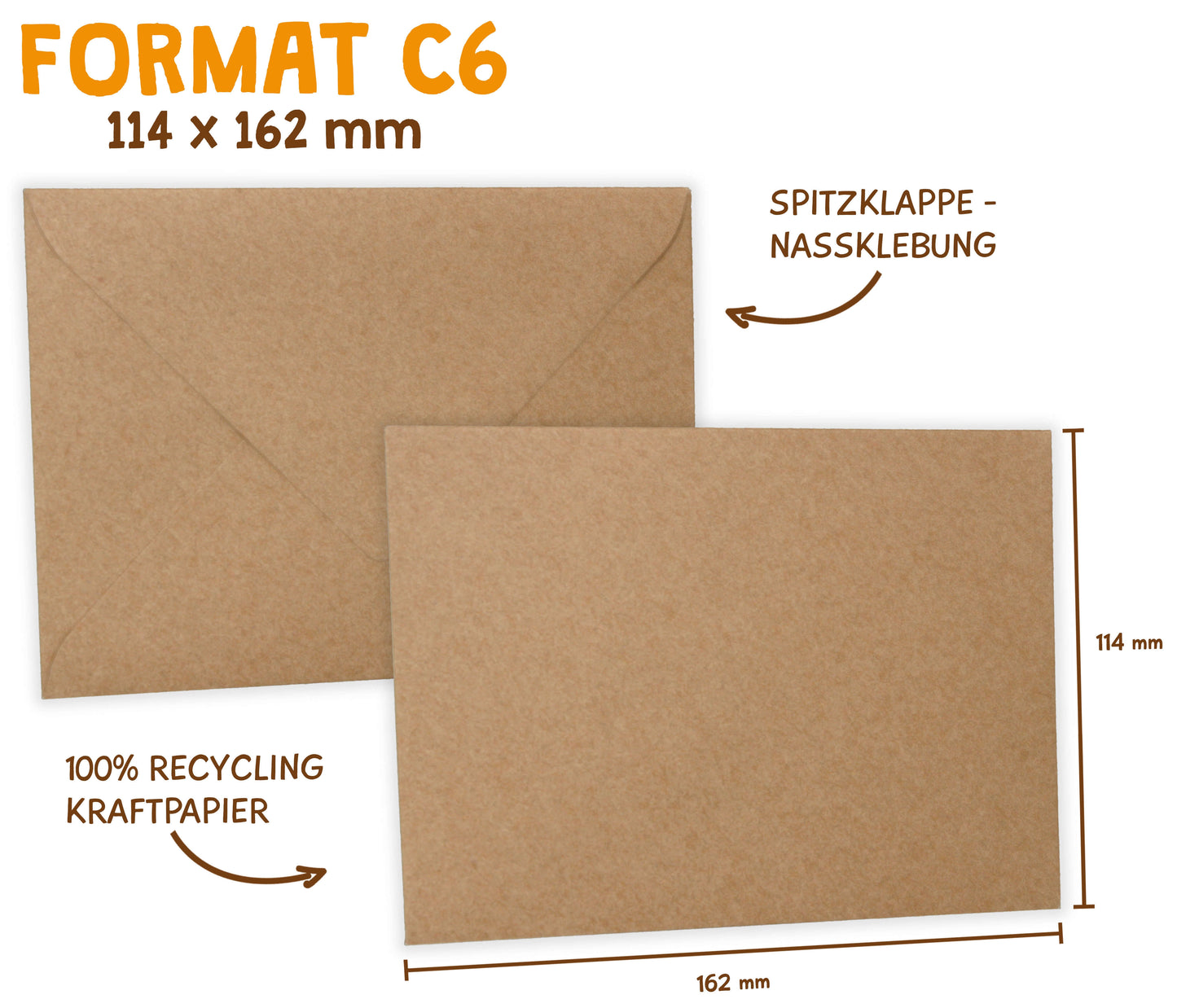 Briefumschlag braunes Recycling Kraftpapier: DIN C6 Maße 114 mal 162 Millimeter