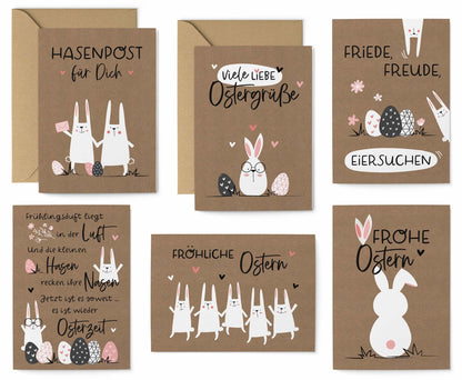 Übersicht der 6 unterschiedlichen Motive - Osterkarten Set "Hasenbande" alle Karten mit Grundfarbe braun