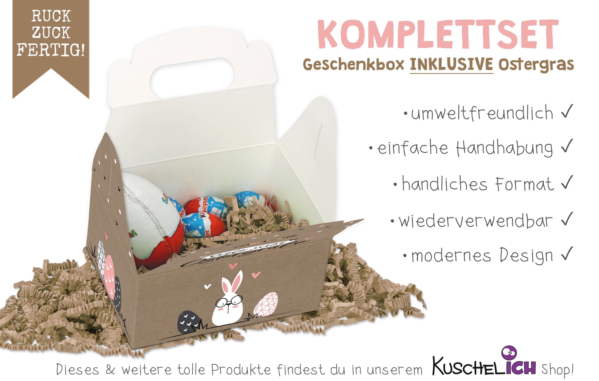 Ostergeschenkbox mit Henkel - Osternest mit Ostergras "Hasenbande" Information